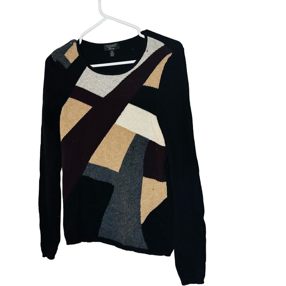 CHARTER CLUB Luxury Cashmere Black Brown Geometric Long Sleeves Sweater Size M